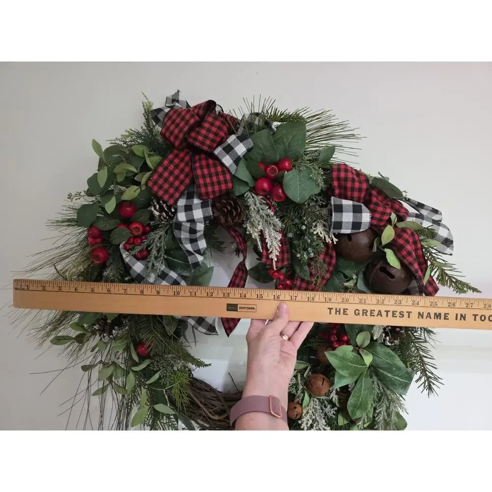 Handmade Buffalo Plaid Farmhouse Christmas Wreath Bells Berries Pinecones